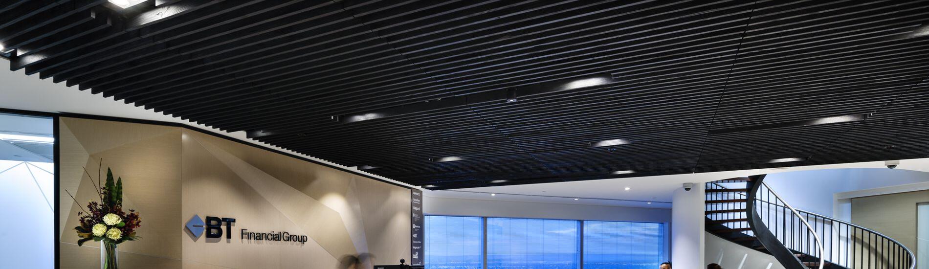 SUPATILE SLAT DRIFTWOOD Rustic Slatted Ceiling Tiles Used in Contemporary Workplace