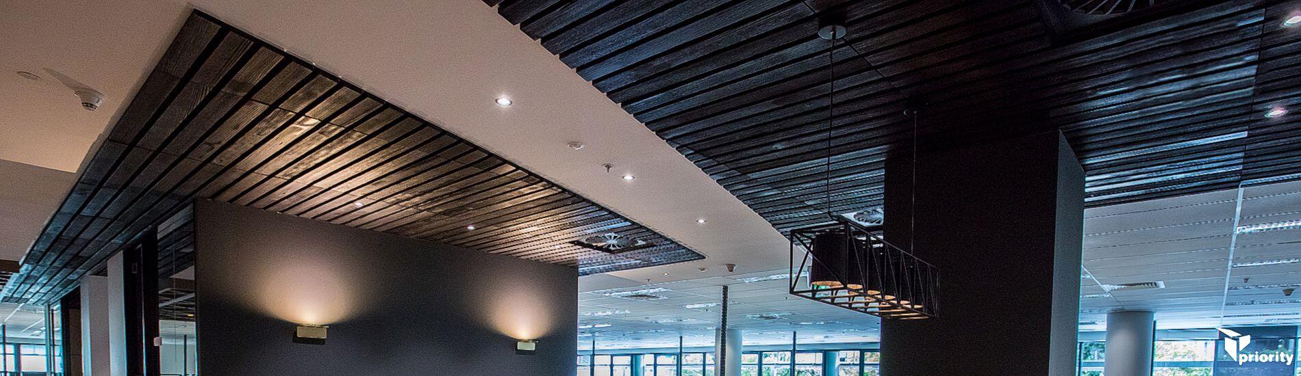 SUPATILE SLAT Ceiling Tiles in DRIFTWOOD Rustic Timber Throughout Workplace Spaces