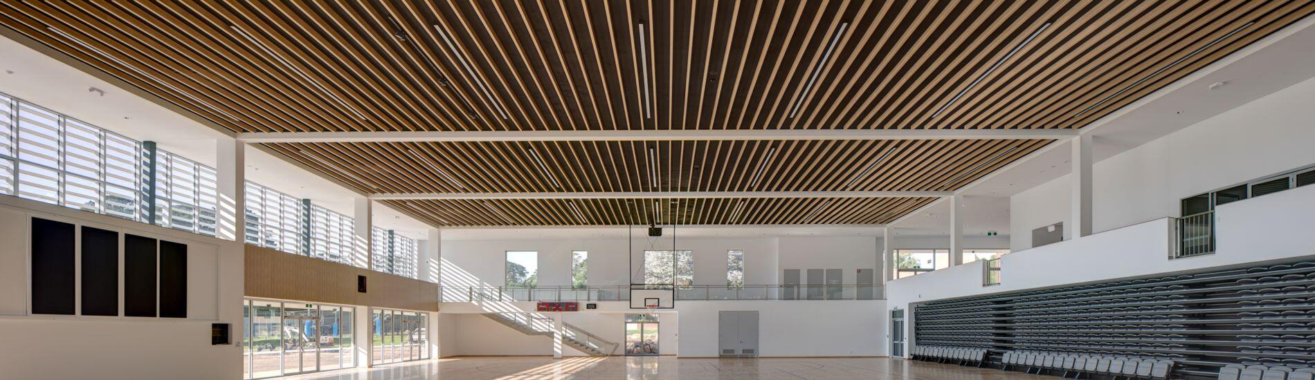 MAXI BEAM Ceiling Beams and SUPACOUSTIC Acoustic Wall Panels for Multipurpose School Hall