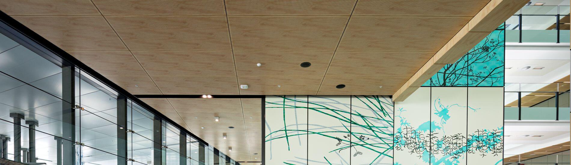 SUPACOUSTIC acoustic wall and ceiling panels meet fire hazard requirements for hospital atrium