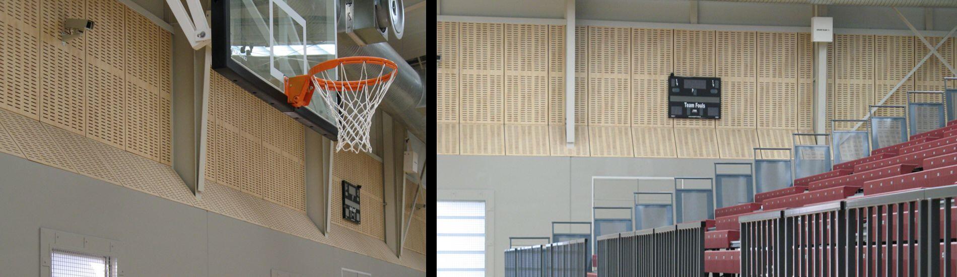 Custom SUPACOUSTIC acoustic panels address noise reverberation in sports hall