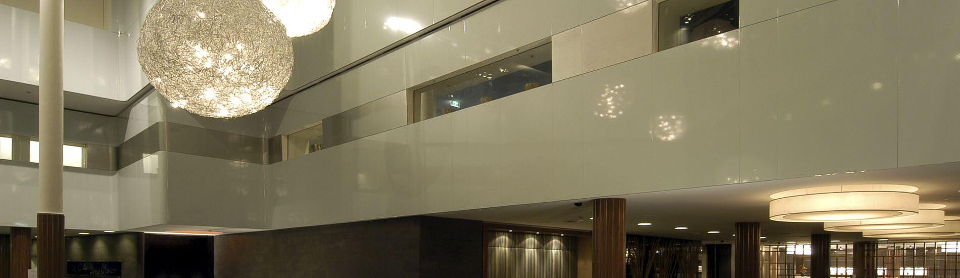 SUPALINE high gloss internal wall panels in vast hotel lobby