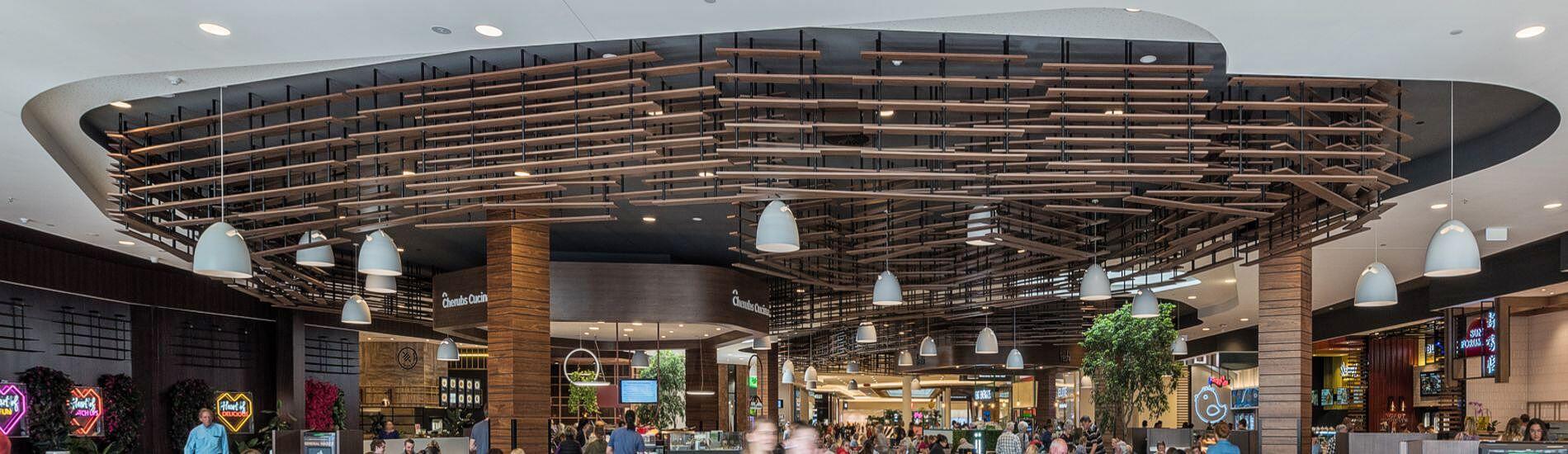 Customised SUPASLAT Creates Complex Suspended Slatted Ceiling Feature in Foodcourt