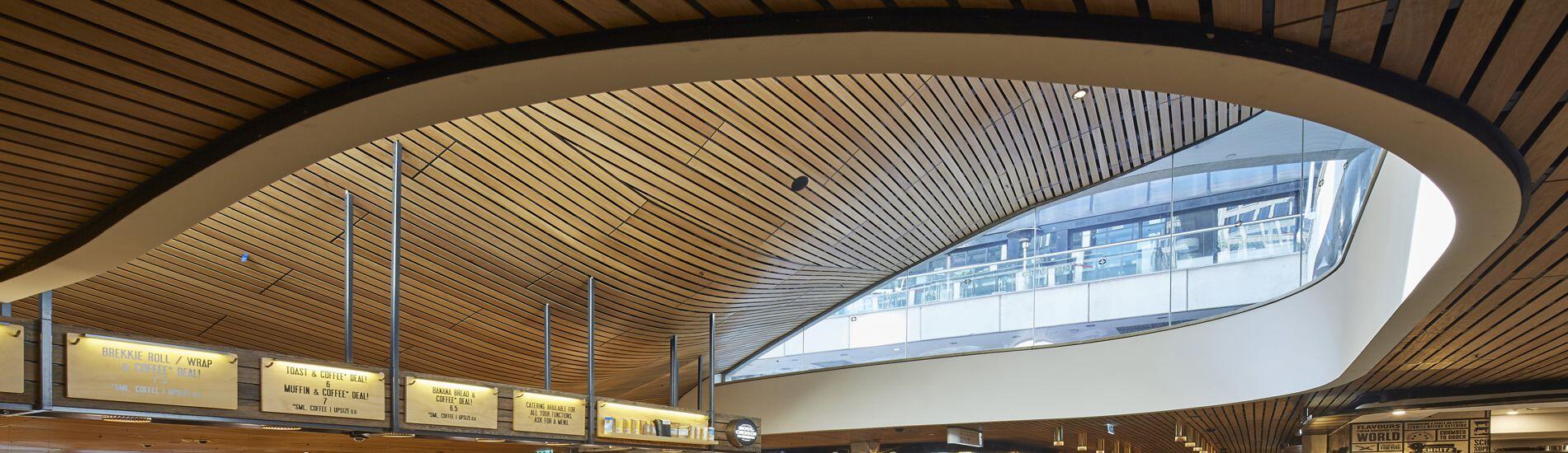 SUPASLAT Slatted Timber Ceiling Panels in Complex Design for Foodcourt