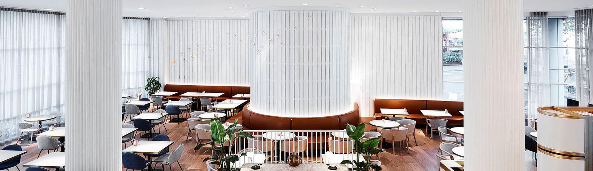 SUPASLAT Slatted White Wall Panels Create Aesthetics and Noise Control in Restaurant