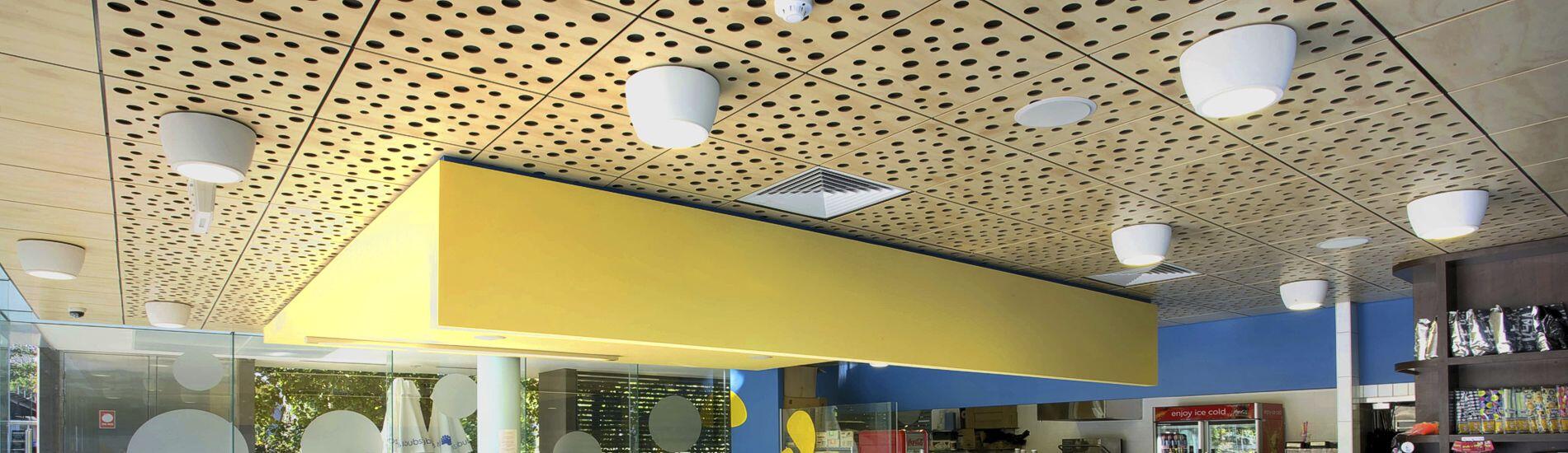 Bold decorative use of SUPATILE fully accessible ceilng tiles in child friendly café